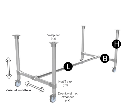 Steigerbuis onderstel tafel uit buis Ø 42,4 mm zwenkwielen